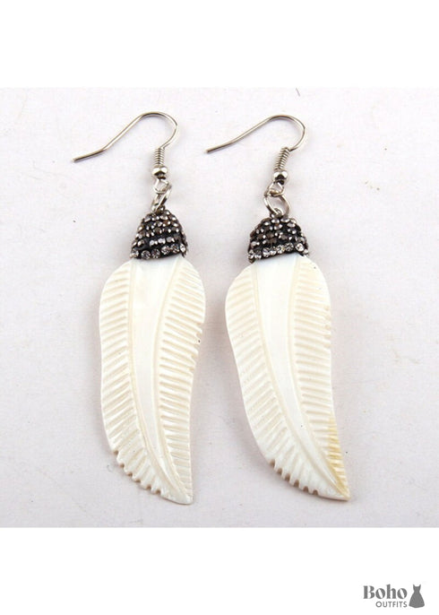 Boho Earrings, RH Dangle Earrings, White Shell Leaf Clay